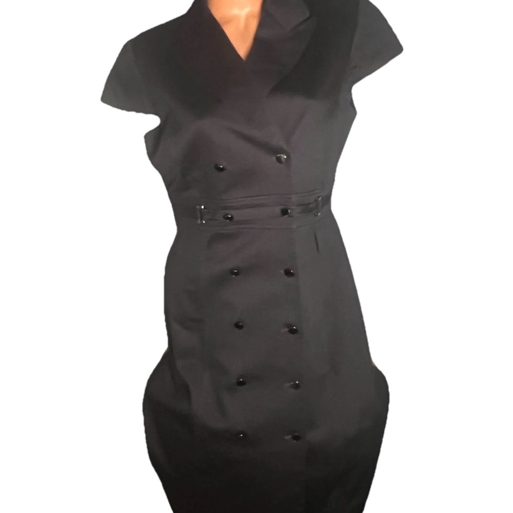 Tahari Dress 10 Black Coat Dress Knee Length Career Professional Cap Sleeves - Picture 2 of 9